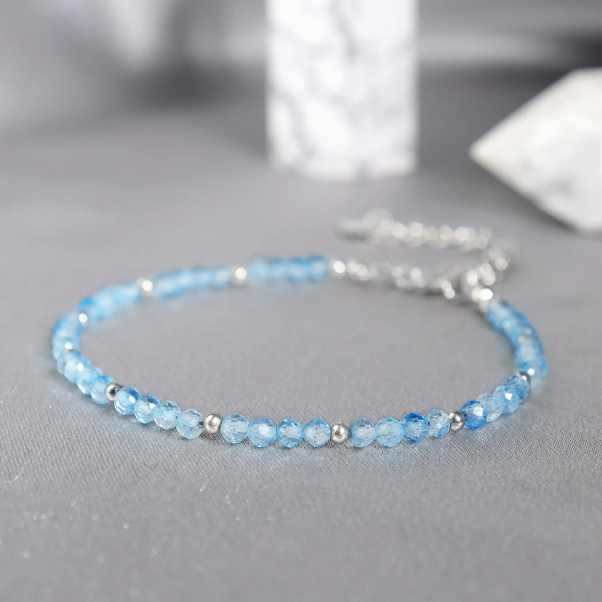 Natural Crystal Gemstone Dainty Bracelet, Tiny 3mm mall Beads Blue Crystal Topaz Beaded Bracelet for Women, Birthday gift, Christmas gift