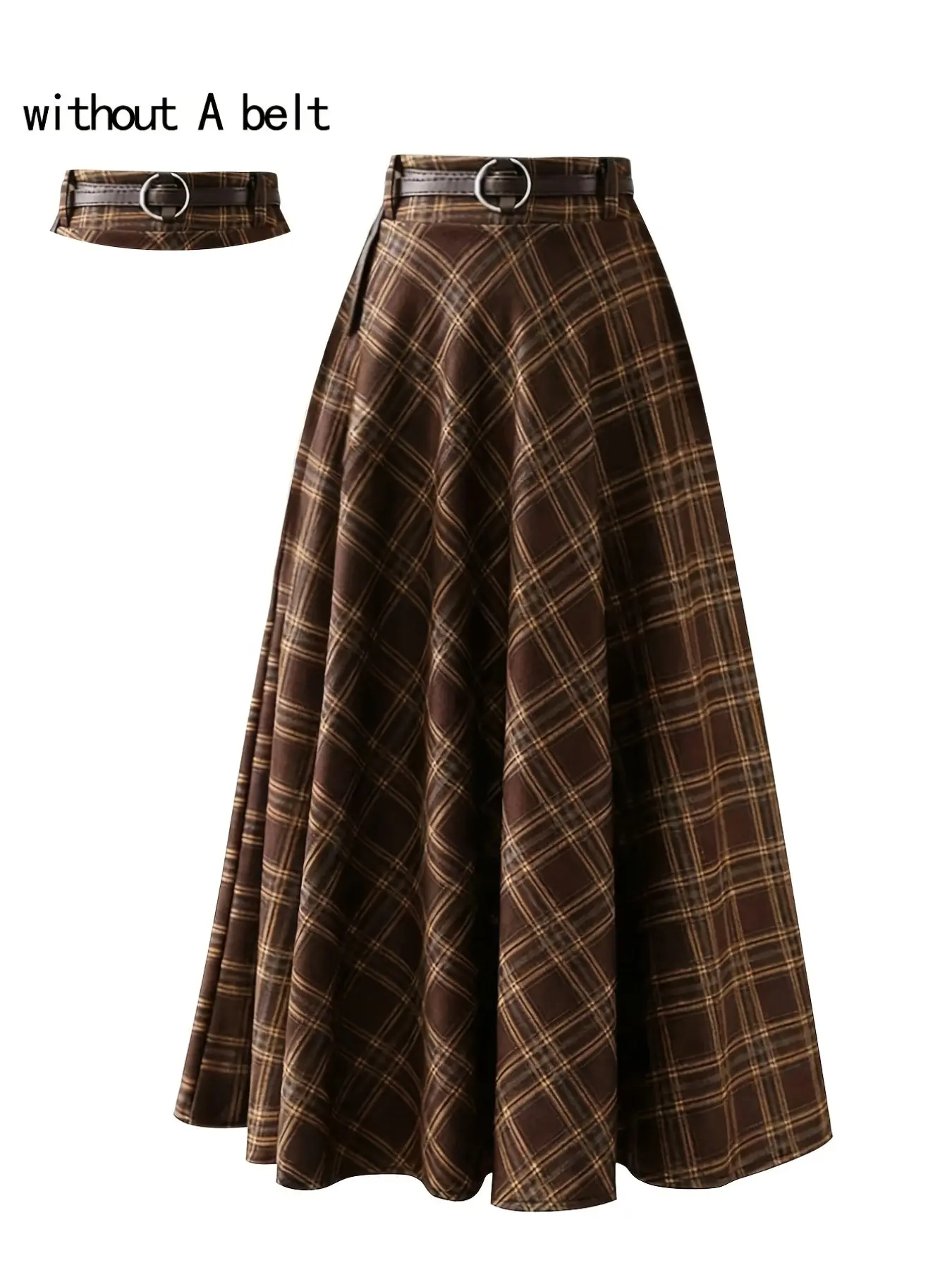 Vintage Plaid Ultra Long Stretchy Flared Skirt, Street Fashion Skirt, Casual Fashionable Skirt, High Waist Flared A-Line Dress, Perfect for Y2K/campus Style, Belted Design, Women's Fashion, Casual, Womenswear