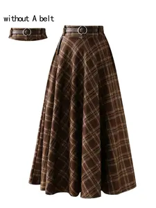 Vintage Plaid Ultra Long Skirt, High Waist Flared A-Line Dress, Perfect for Y2K/campus Style, Belted Design, Women's Fashion, Casual