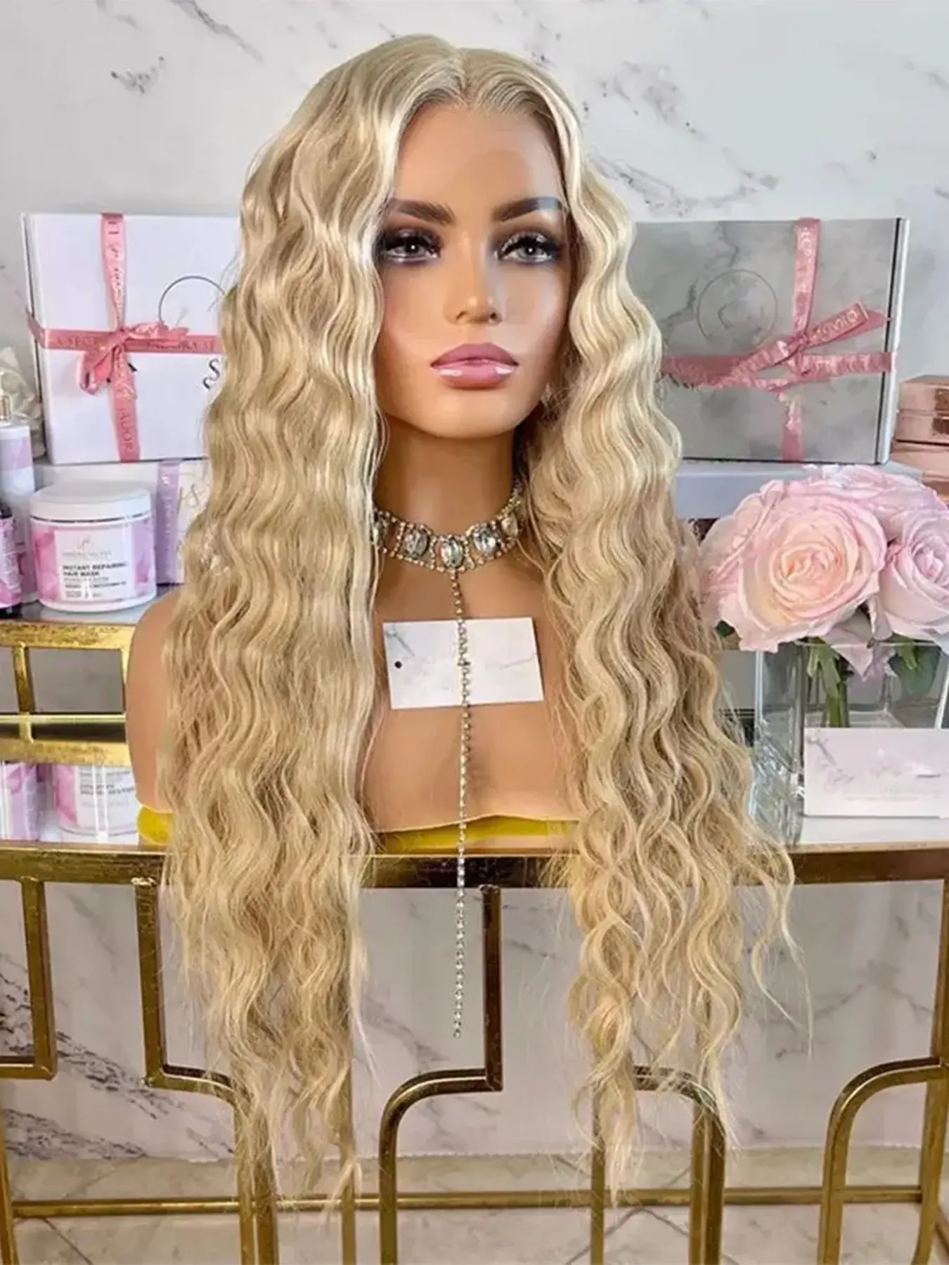 26 inch Long Synthetic Lace Wig Blonde Water Wave Wigs for Women Natural Hairline Cosplay Wigs Daily Wear Premium Synthetic Wigs Synthetic Fiber Wigs Synthetic Wavy Hair