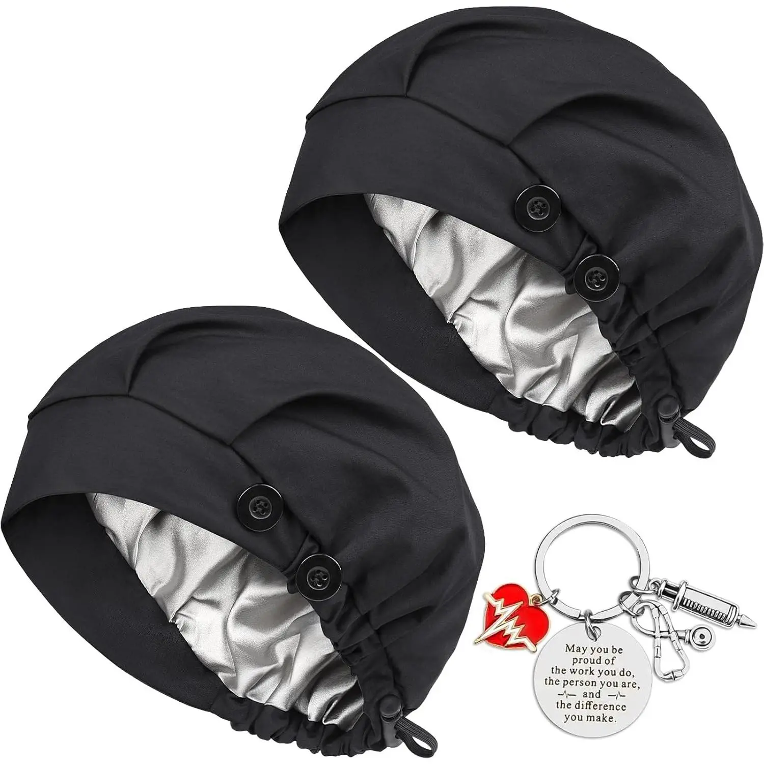 Black + Black 2-Count Durable Synthetic Fabric Satin-Lined Bouffant Shower Cap for Bathroom Use, Adjustable with 4 Buttons, Sweatband, No Irritation Design