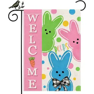 Easter Bunny Peeps Garden Flag 12x18, Double Sided Linen  Farmhouse Welcome Flag for Spring Yard Lawn Outdoor Decor, No Flagpole