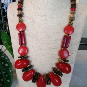 Artisanal Tagua Nut Necklace, BOUTIQUE, RED, handmade in Ecuador, rare find