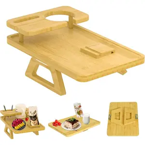 Multi-Functional Couch Arm Tray, Bamboo Sofa Arm Clip Table Couch Armrest Table Foldable Couch Arm Tray for Eating, Drinks, Snacks, Pen, Desktop Storage