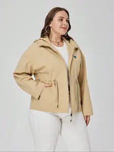 Plus Size Women's Letter Print Drawstring Waist Hooded Windbreaker Jacket, Casual Long Sleeve Outerwear for Fall & Winter
