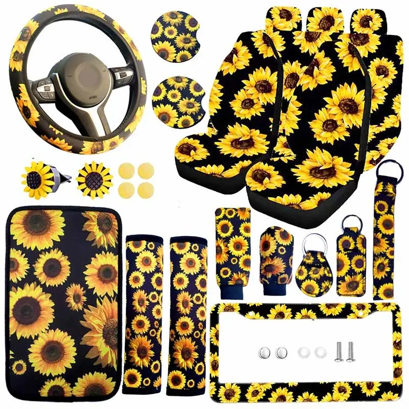 21pcs Sunflower Print Car Seat Covers & Interior Accessories Set: Cute Fun Car Accessories, Vehicle Decoration, Thin Summer Polyester Five-Seat Car Seat Covers, Steering Wheel Cover and Other Ornaments, Suitable for Most Cars and SUVs