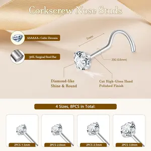 Nose Rings Studs: 8Pcs 20G Gold/Silver 316L Surgical Stainless Steel Nose Studs Hypoallergenic Corkscrew Nose Piercing Stud Jewelry for Women Men Clear Cubic Zirconia Imitation Diamond Top Size 1.5mm 2mm 2.5mm 3mm