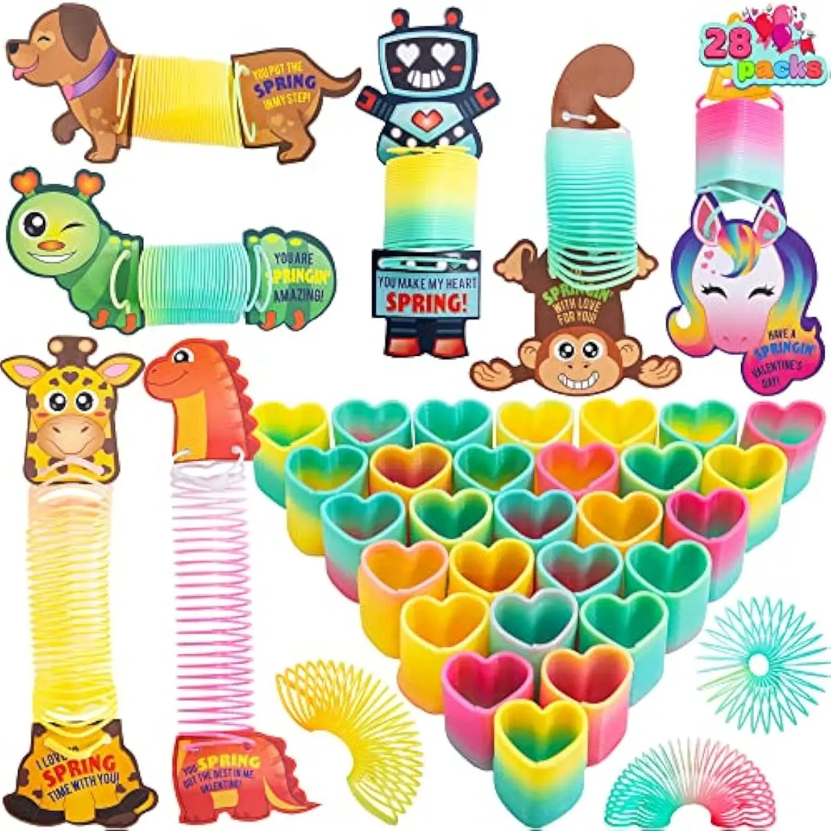 28 Packs Valentine's Day Animal Cards with Coil Springs Rainbow Springs, Stress Relief Coil Toys with Cards for Kids Valentine's Classroom Exchange Prizes Game Prizes, Valentine's Party Favors