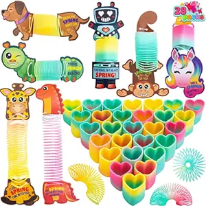 28 Packs Valentine's Day Animal Cards with Coil Springs Rainbow Springs, Stress Relief Coil Toys with Cards for Kids Valentine's Classroom Exchange Prizes Game Prizes, Valentine's Party Favors