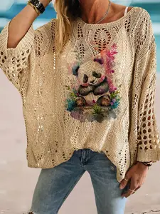 Spring and summer round-neck diamond hollow batwing sleeve knitted cardigan, panda print, loose drop shoulder, slim fit, great for commuting, vacation and bikini cover-up, Beach Cover Ups