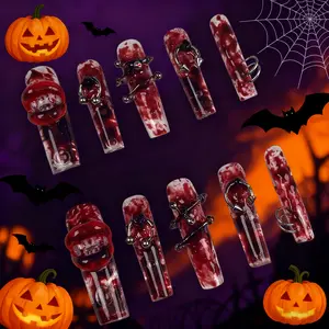 Vampire Blood Flow Liquid Halloween Nails, 10pcs 1.7” Handmade Acrylic Press-On Set with Rings & Spike Details, Tool kit included, Diy False Toenails