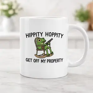 Hippity Hoppity Get Off My Property Frog Mug – Funny Meme Coffee Mug, Sarcastic Frog Cup, Cute Animal Humor Mug, Gift for Friends