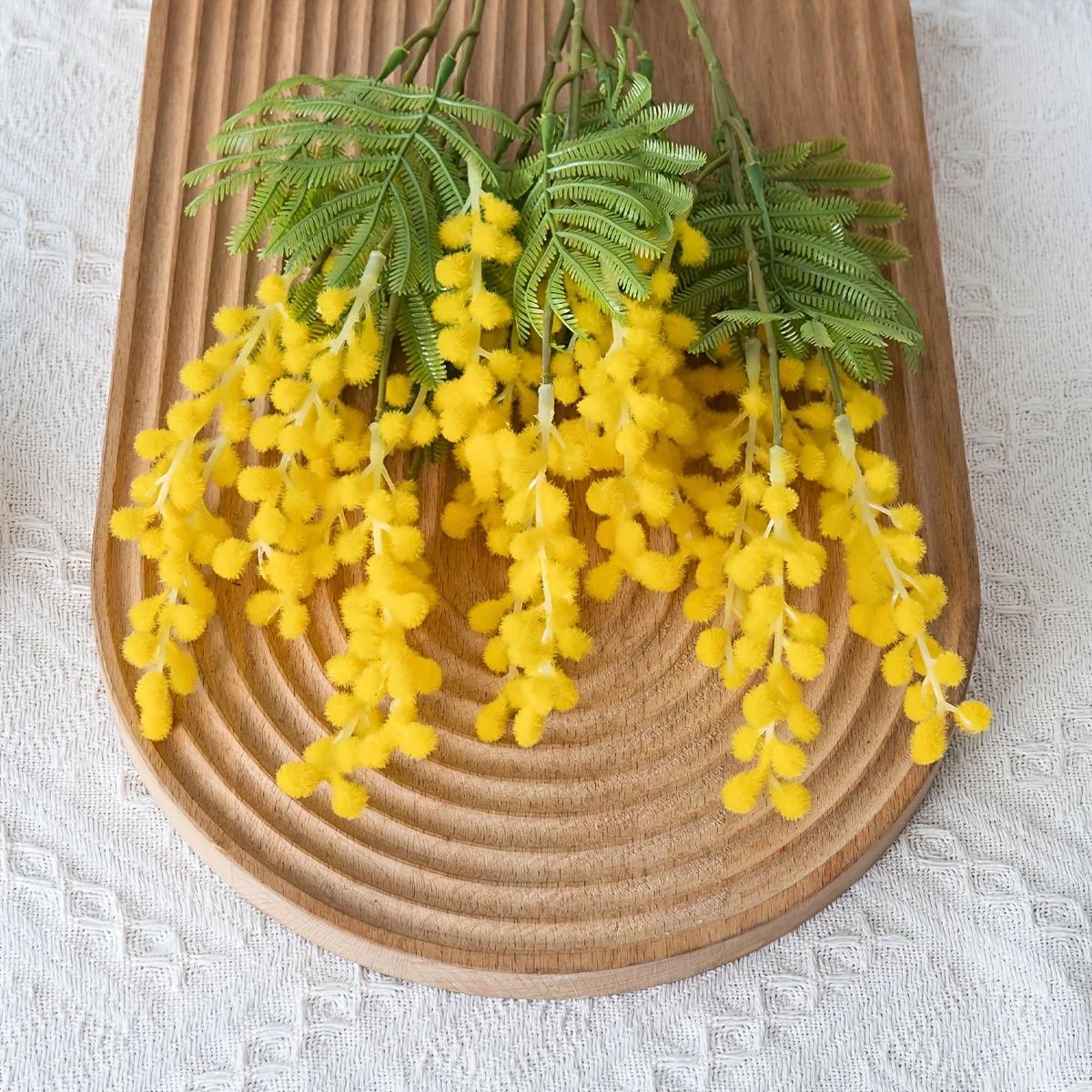 6pcs Artificial Mimosa Flower Bouquet |   Handmade Yellow Buds and Green Foliage, Lifelike Plastic Flowers and Leaves on Stems