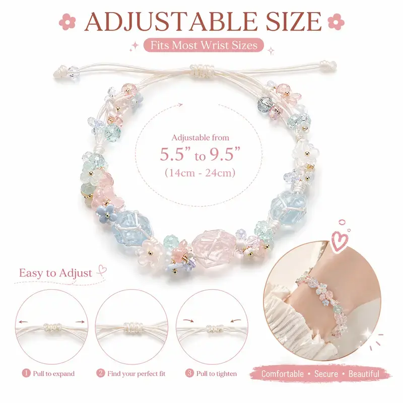 Women's Dainty Crystal Bracelet - Bohemian Floral Design, Comfortable Soft Gradient Synthetic Rope Hand-Woven Band, 3 Crystal Stones, Green Floral Charm, Adjustable 4-5.5cm Fit, Casual Daily Wear, Birthday Gift Option, Bracelets, Adjustable Band