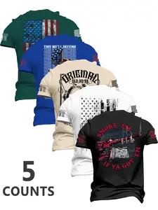 Men's Fashion Round Neck Casual Short Sleeve T-Shirt Set, Summer Comfort Flag Print Outdoor Tee, Military Streetwear Street Style, Classic, 5 Pieces