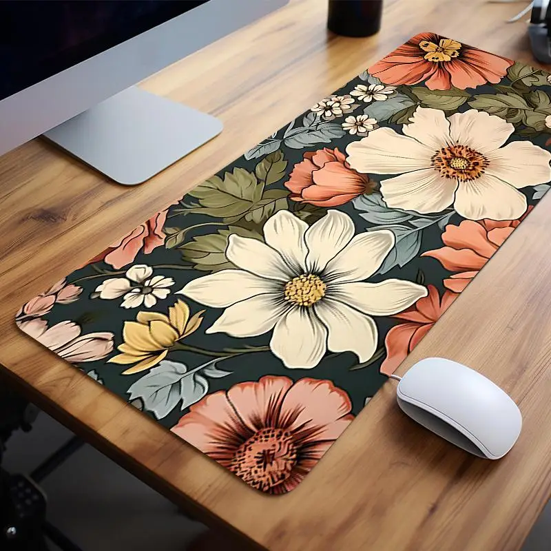 Vintage Flowers Pattern Mouse Pad, Rectangle Gaming Mouse Pad, Office Desk Keyboard Mat with Non-Slip Rubber Base Stitched Edge For Home Office Game,