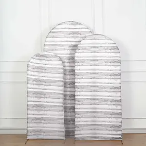 Set of 3 White Rustic Wood Plank Pattern Spandex Fitted Wedding Arch Covers For Round Top Chiara Backdrop Stands 5ft, 6ft, 7ft