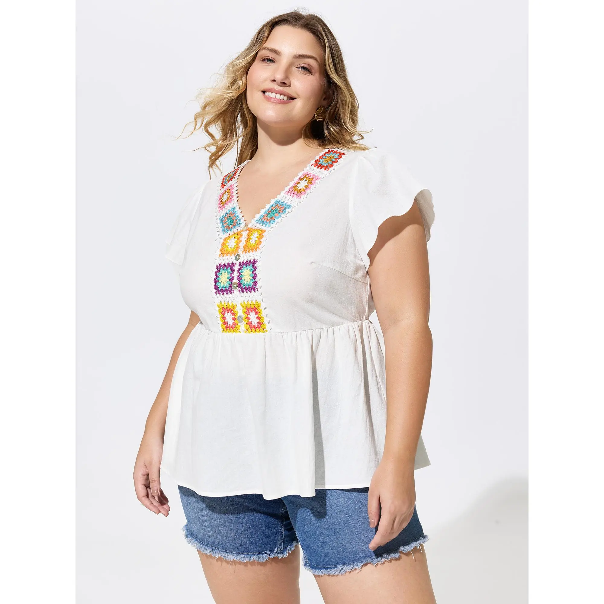 BloomChic Women's Plus Size 100% Cotton Smooth Fabric Fit-and-Flare Blouse - Dress Casual Resort Style Top with Colorful Floral Crochet Ruffles Cap Sleeves
