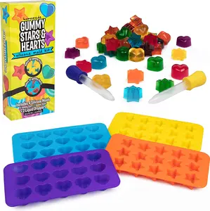 Star & Heart Silicone Candy Molds (4 Pack) BPA-Free Nonstick Trays w 2 Droppers for Chocolate, Ice Cubes & More- Make up to 60 Candies - Fun Activity, Gift for Kids