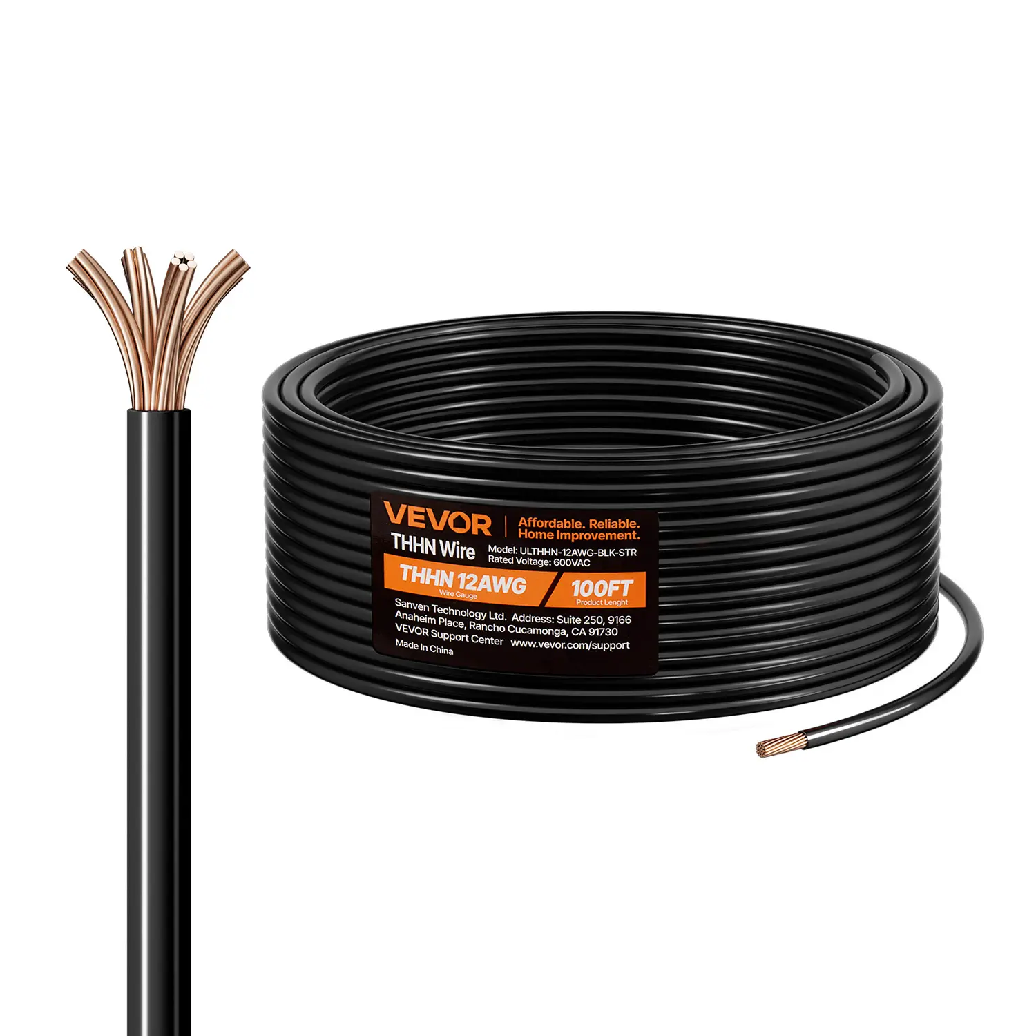【DealsForYouDays】VEVOR 12 AWG THHN 19-Stranded 100% OFC Copper Wire, Nylon Jacket, 600V AC Rated, Indoor/Outdoor, Commercial Industrial Residential, Home Upgrades, Garage Use, 100 ft Black Heavy Building Wire