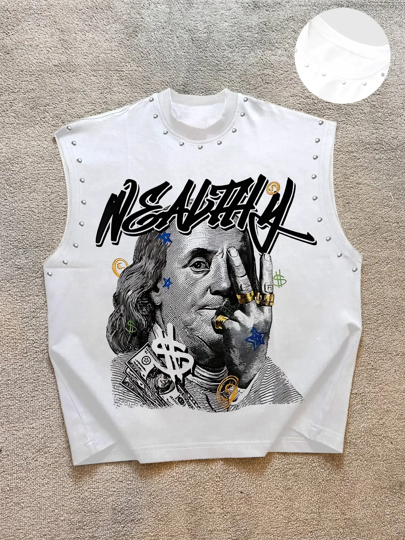 Men's Casual Vest, Sleeveless, Background Franklin Portrait Print, Graphic Graffiti Font & Money Symbol, Regular Fit, Fashion Versatile, Fitness Tank Top, All Seasons