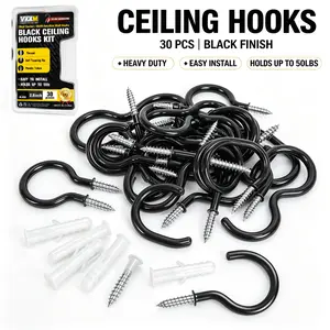 VKKM 30Pcs 2.8 Inch Black Vinyl Coated Ceiling Cup Hooks Kit, Self-Tapping Plant Hanging Hooks with Wall Anchors, Anti-Rust Heavy Duty Hooks for Lights Mugs Kitchen Utensils Indoor Outdoor