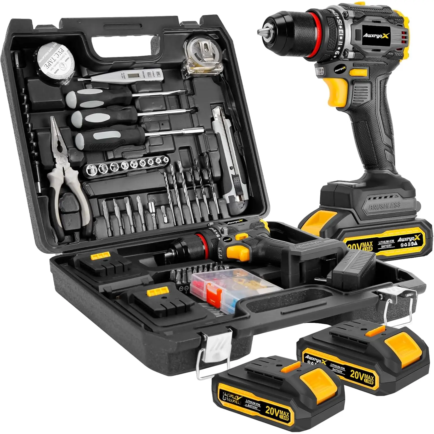 Brushless Compact Drill Tool Set, 60N.m 20V Cordless Drill Tool Box with 2 , 135 count Man Household Combo Set with DIY Hand Taladros Kits, 531 In-lb Kit with Drill for Daily Home Repair