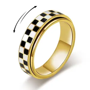 Checkered Fidget Ring For Adults - Plated Stainless Steel Rotating Spinner  & Gift Women/men (black And White Pattern)