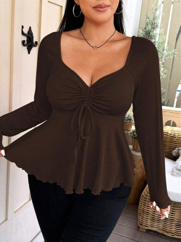 【Plus Size】 Solid Bow Decor Thumb Hole Curved Hem Tee, Plus Casual Long Sleeve T-shirt for Daily Wear, Women Plus Clothing for Fall & Winter, Top