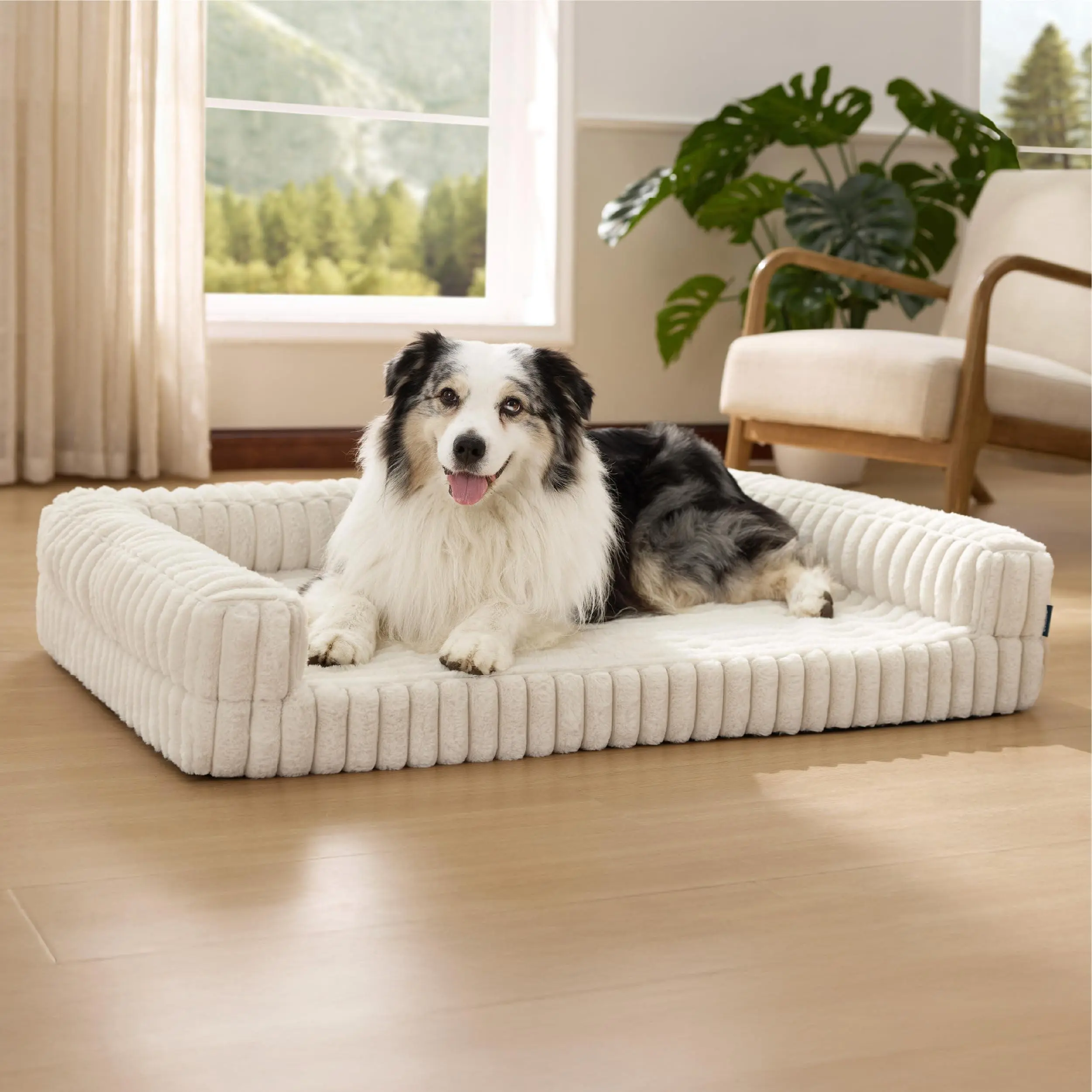 U by Bedsure Polyester Comfyfleece Orthopedic Extra Large Dog Bed - Waterproof Egg-Crate Foam Pet Couch Sofa with Sides, Non-Slip Base, Washable Corduroy Cover, Cream