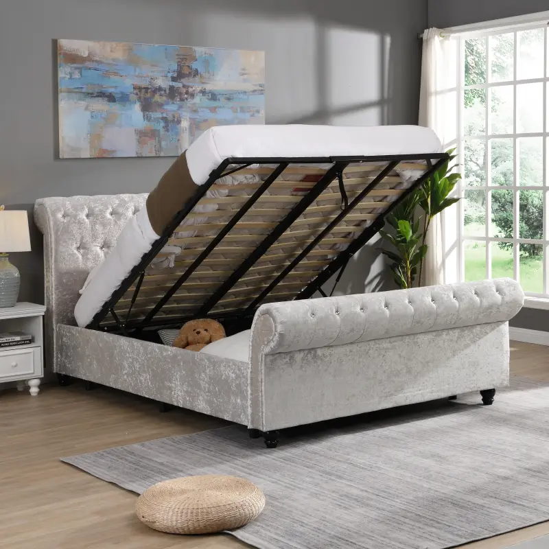 [Deals For You Days] Silver Framed Queen Size Upholstered Platform Storage Bed with Hydraulic Lift Storage System