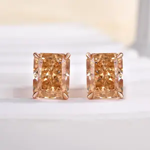 Effinny 3.5ct*2pcs Attractive Champagne Stone Radiant Cut Earrings,5A Grade Cubic Zirconia Earring for Anniversary, Wedding, Proposal