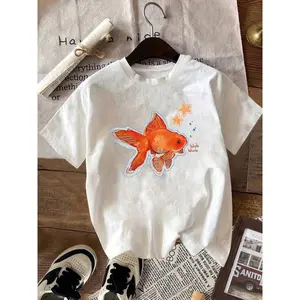 Trending Clothes Women Casual Short Sleeve T-Shirt - Cute Cartoon Goldfish Pattern "Fish Like Me" Print, High Elasticity Ice Silk Fabric, Breathable Summer Top, Machine Washable, All-Season Versatile, Fun Design, Non-See-Through Material