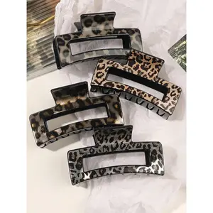 4pcs/Set Medium Leopard Print Square Hair Claws, Versatile Plastic Damage-Free Hair Clips. Perfect for Daily Wear, Parties, Gifts, Autumn & Winter, Valentine's Day.
