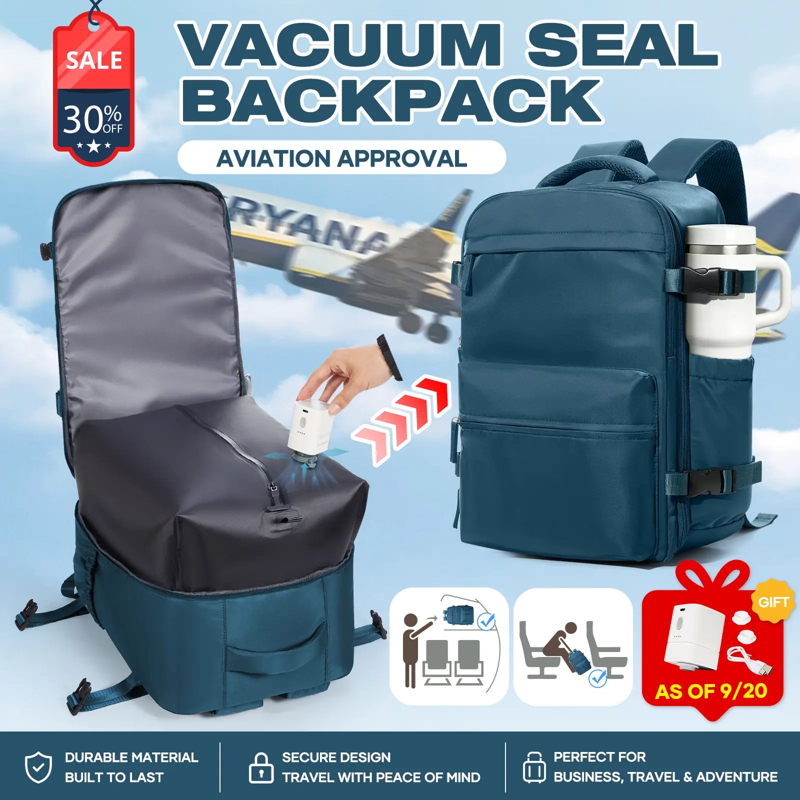Vacuum Travel Backpack with Pump, Vacuum SealCompression Backpack, Large Travel Bag For Women Men, Durable Outdoor Hiking Sports Rucksack, AirlineApproved Carry On Backpack, Travel Essentials Traveling Bag，green，black