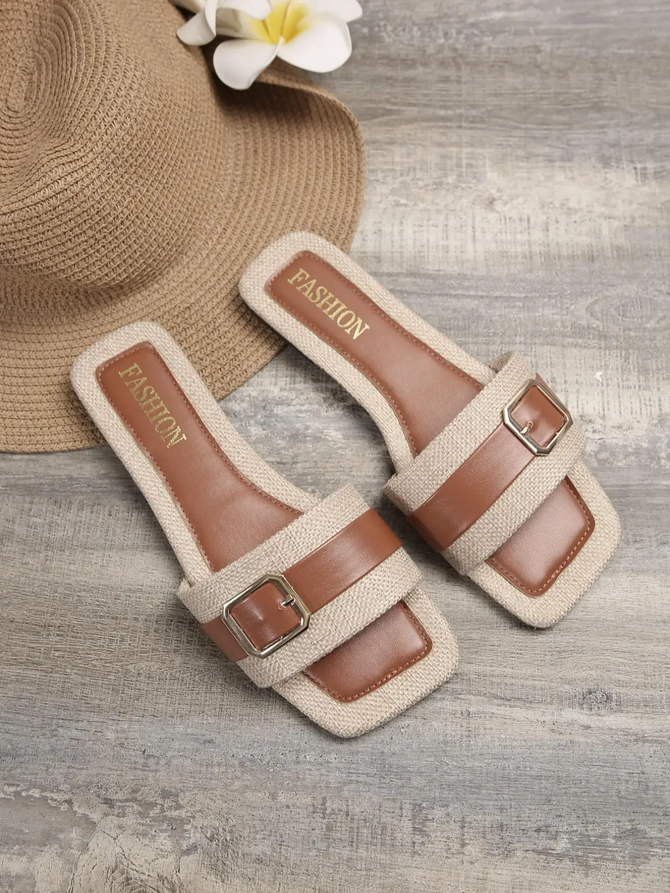 Women's Fashionable Plain Color Square Toe Pu Leather Slippers, Casual Comfortable Slippers for Summer, Non-slip Buckle Design Slippers for Indoor & O