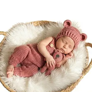 Newborn Photography Props Baby Boys Girls Outfits Photo Props Knit Bear Hat Romper Handmade Photoshoot Costume Set