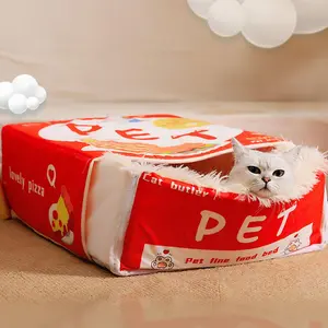Cartoon snack box cat bed, rectangular fully enclosed design, full of security, multi-functional soft pet bed, indoor kitten house accessories, suitable for small cats and dogs. (Red/blue, M size)