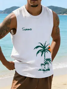 Men's Loose Fit Summer Beach Tropical Coconut Tree Vest Tank Top, Casual Street Style Sleeveless T-Shirt, Perfect for Vacation and Daily Wear