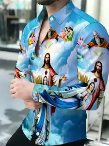 Men's Jesus Mary Sky Clouds Print Breathable Lapel Long Sleeve Cardigan Shirts