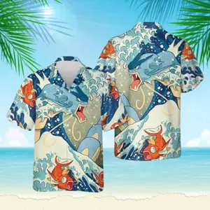 Anime Hawaiian Shirts Poke Beach Shirt Water Type Aloha Gift, Poke Lover Family Trip Shirt- Funny Aloha PKM Button Up for Summer Beach Vacation - Anime Inspired Graphic Shirt, 3D Hawaiian Shirt, Gift for Lovers, Family
