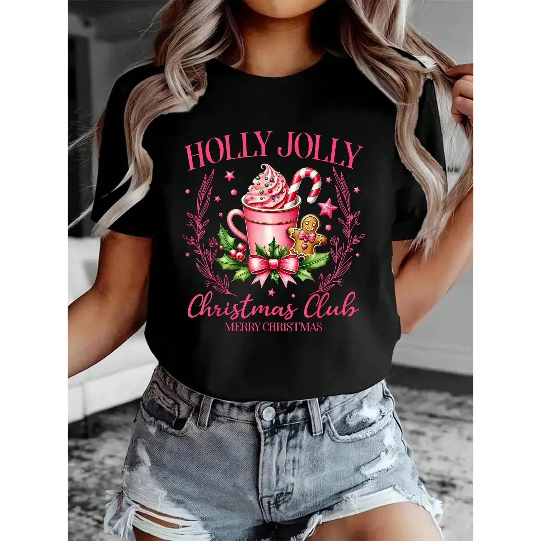 100% Cotton Women Christmas T-Shirt Holly Xmas Jolly Pink Christmas Coffee Coquette Gingerbread T-Shirt