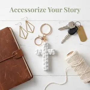 Handmade Crochet Cross Keychain Retro Boho Style Religious Ornament Portable Practical Daily Pendant Elegant Decorative Accessory Ideal for daily matching car hanging and thoughtful present choices-MM1
