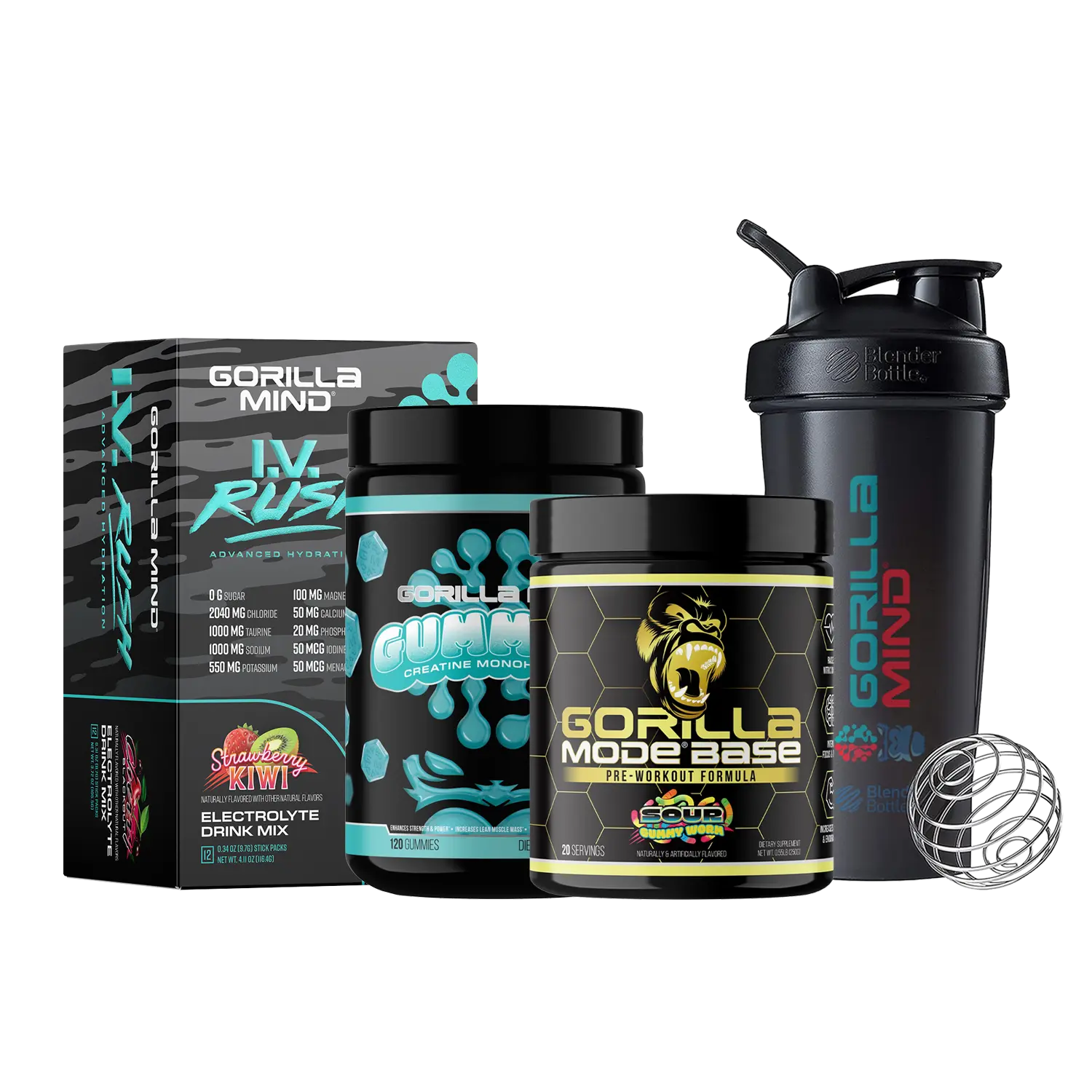 Gorilla Mind Beginner Stack Fitness Supplement Bundle - Pre-Workout Powder, Creatine, Hydration Powder + Free Shaker Bottle
