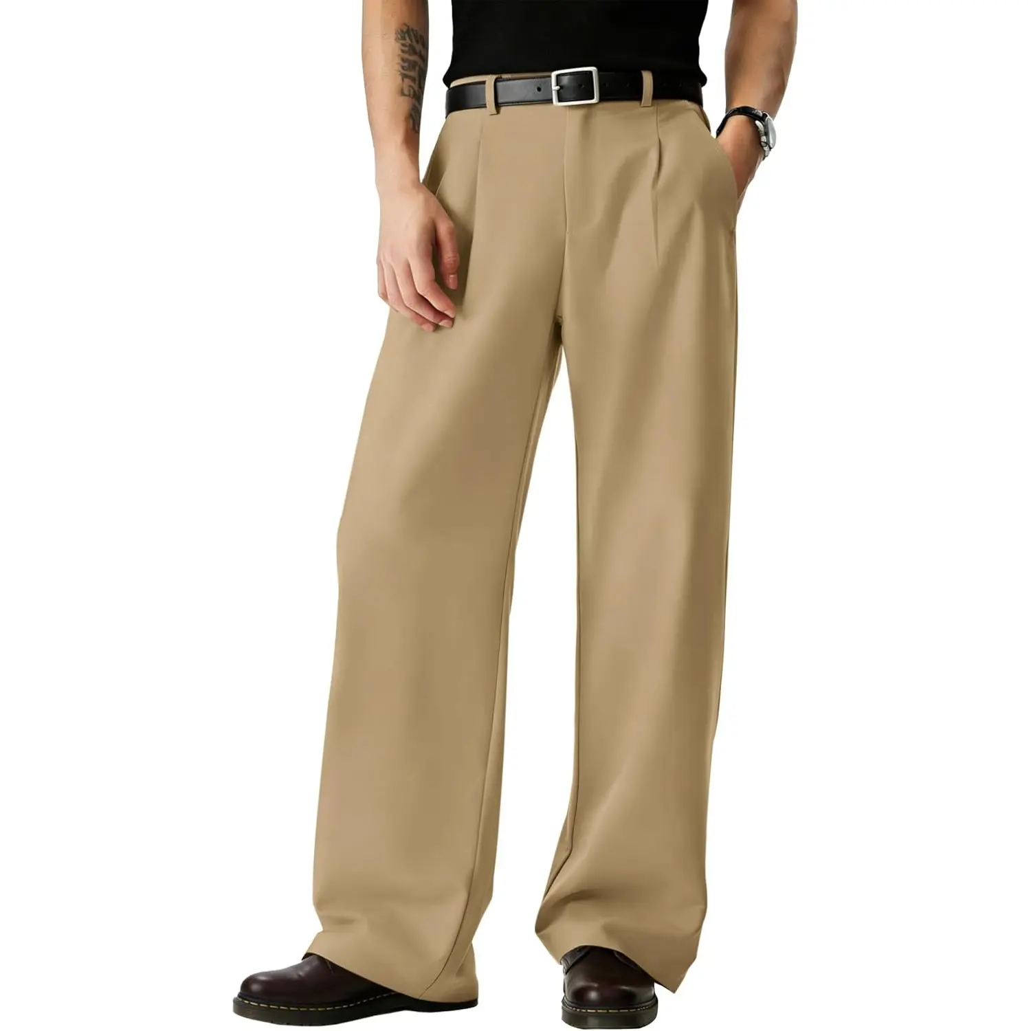 mens baggy dress pants Wide Leg Men Big and Tall Suit Pants Business Casual Work Pants Office Dressy Pants Khaki at Amazon Men's Clothing store these light gray dress pants sit high on the waist with a relaxed thigh Men's Y2K Pleated Wide Leg