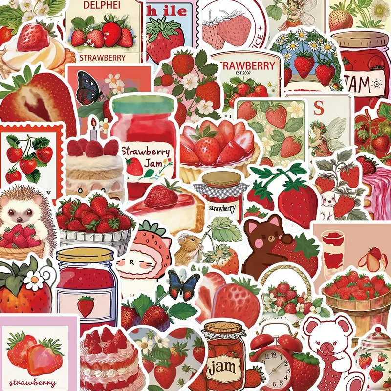 Strawberry Pattern Sticker, 50pcs/set Cute Strawberry Sticker, Decorative for DIY Scrapbook & Journal & Gift Wrapping Sticker Packs, Crafts Cup Stickers, Scrapbook Supplies