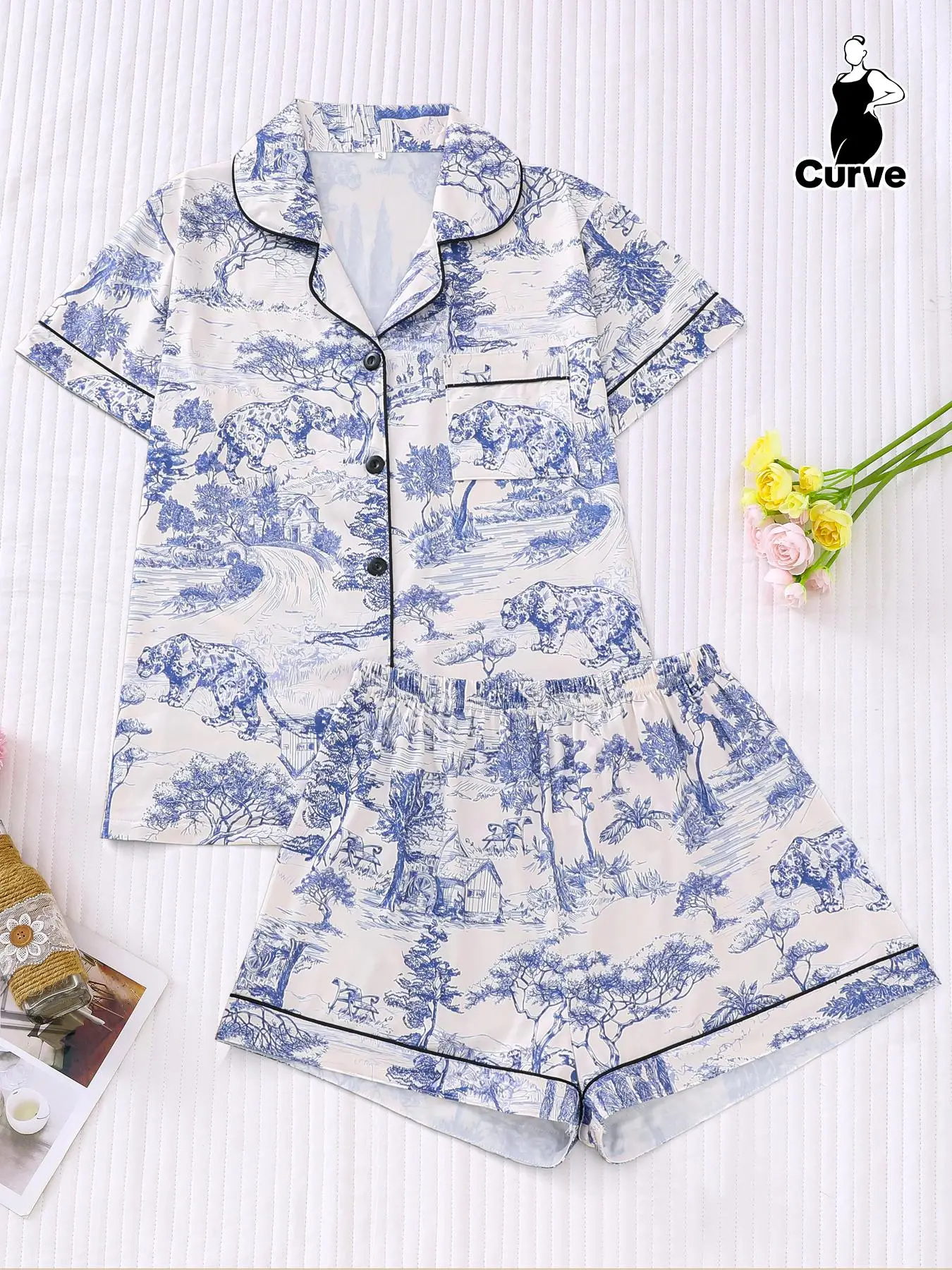 Plus Size Two-piece Set Easter Egg and Rabbit Print Print Shirt & Shorts Pyjama Set, Plus Casual Button Front Short Sleeve Top & Shorts Pj Set, Women'