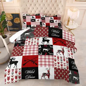 Hunting Deer Print Fashion Quilted Comforter Set, One Quilt Core and 1/2 Pillowcases, Rustic Red Plaid Patchwork Design Bedding, Medium Thickness, All Seasons Use