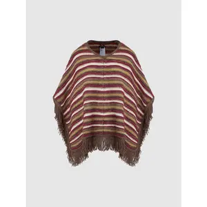 URBAN REVIVO 2026 Spring Women's Oversized Striped Acrylic Blend Knitted Poncho Top - Baggy, Short-Sleeve, Fringe-Trimmed, All-Seasons Casual Knitwear UWH950005