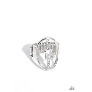 Middle of the Road - White Rhinestone Silver Oval Ring - Paparazzi